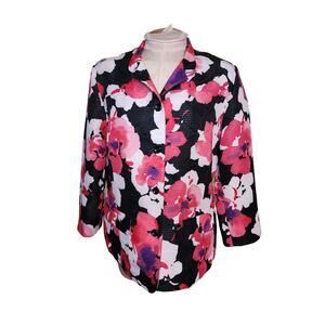 Alfred Dunner Women's Lightweight Floral Jacket Size 10 White Black Pink Pockets